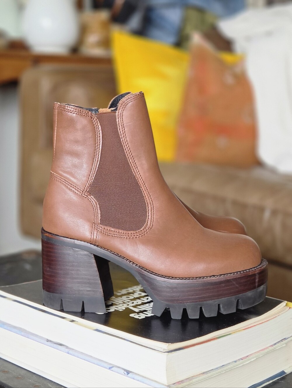 Jeffrey Campbell x Free People Preston Platform Ankle Boots Cognac Brown SZ 8